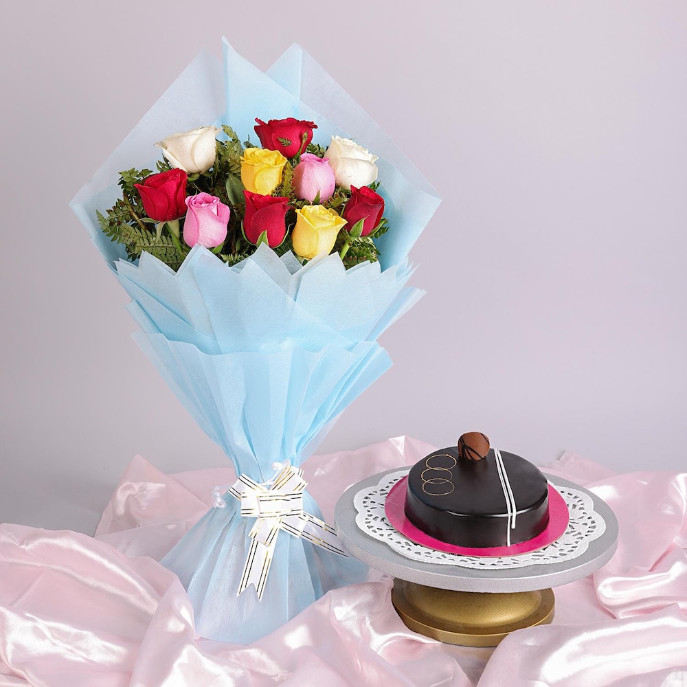 Colorful Roses Bouquet And Chocolate Cake Combo