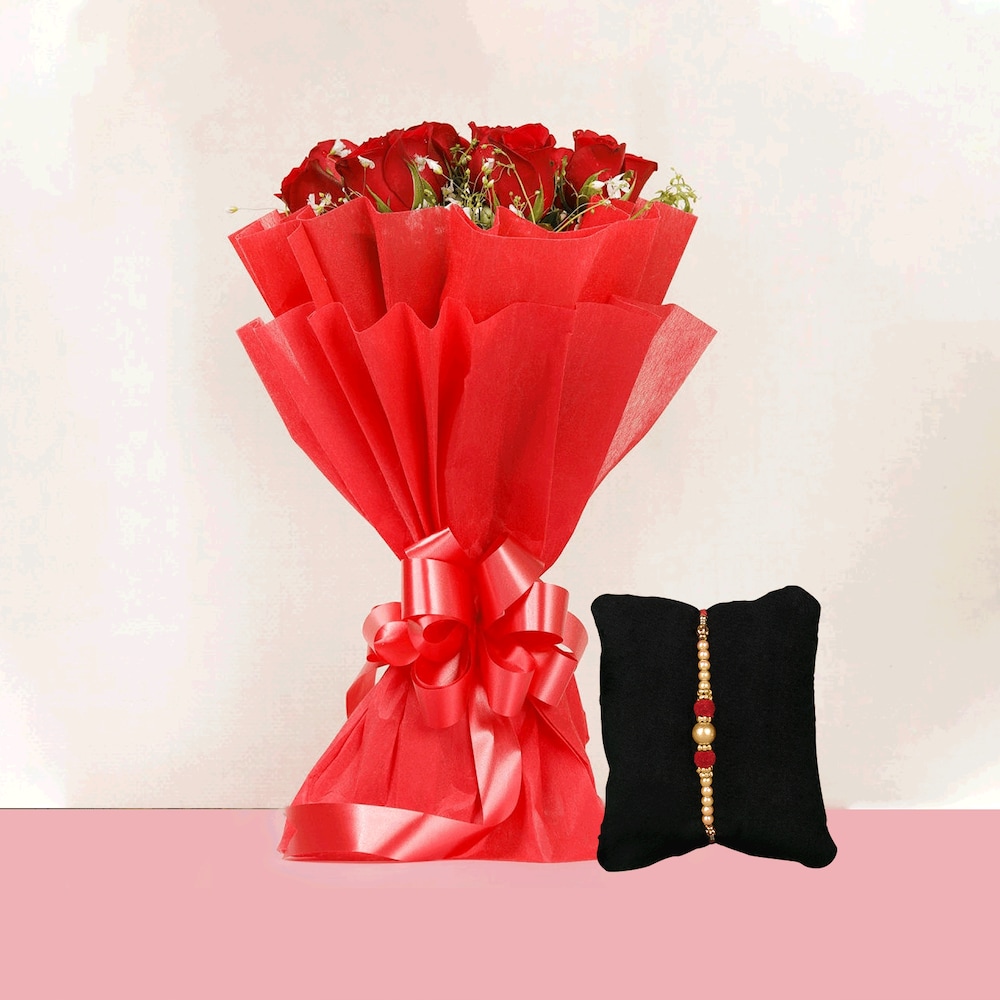 Red Flower Bouquet With Pearl Rakhi