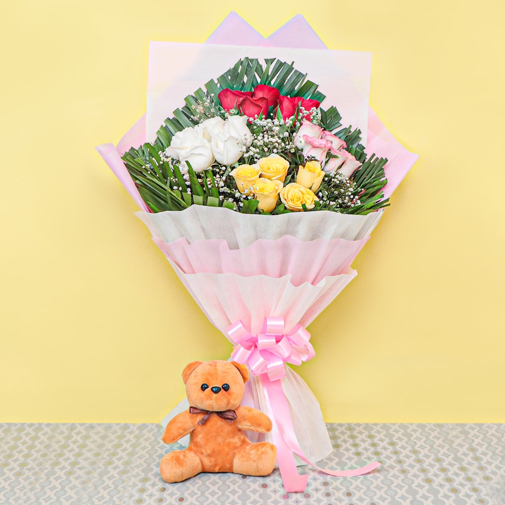 Serendipity Mix Roses Bunch With Teddy
