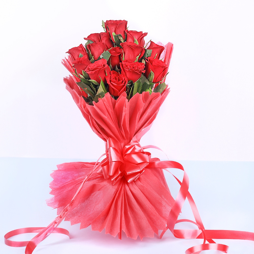Perfect Rosy Red Roses In Red Packing