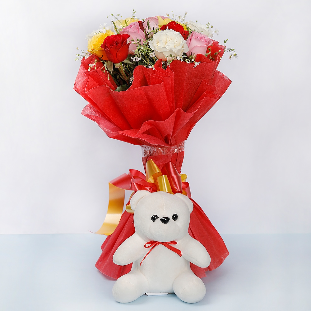 Mixed Roses With Teddy Bear