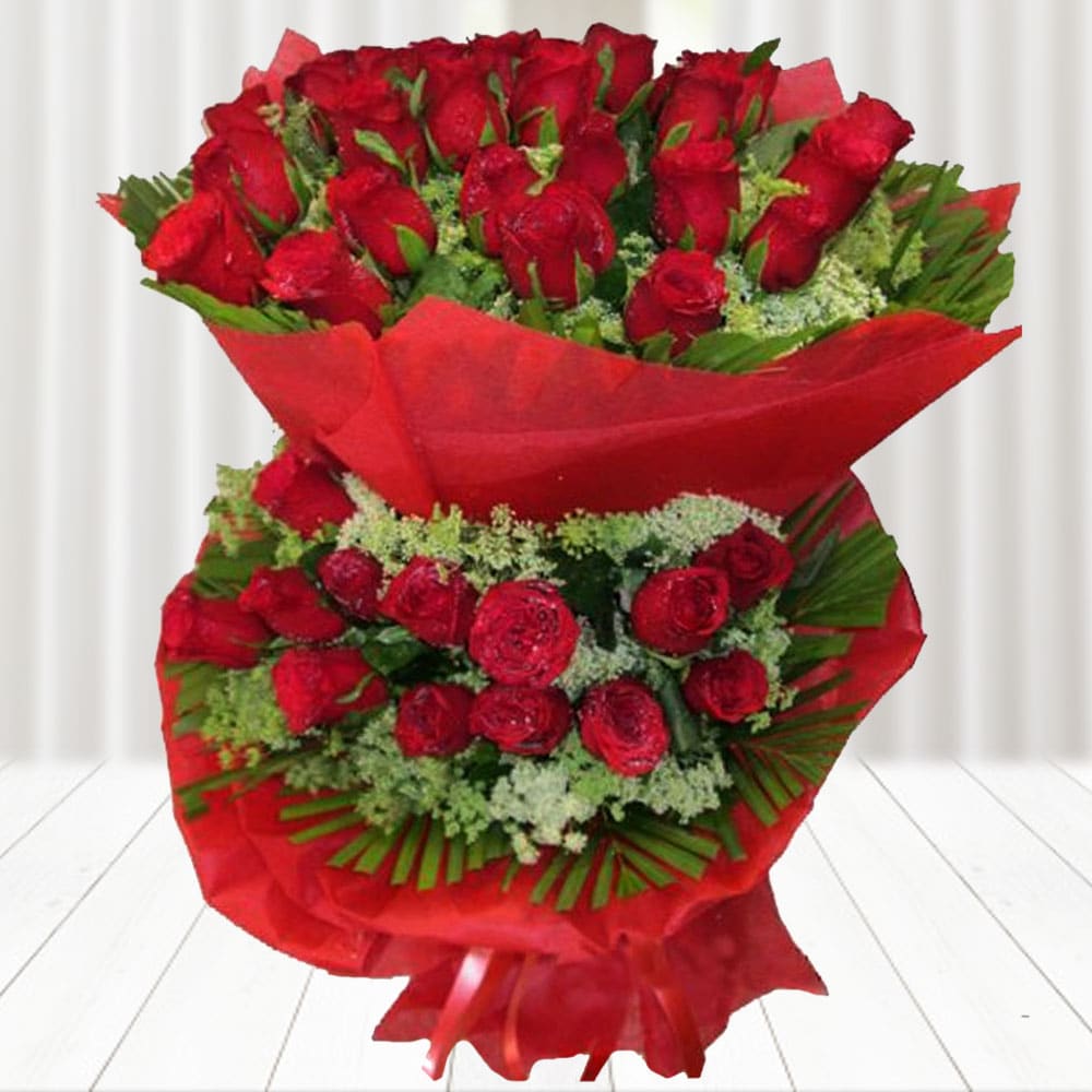 Red Roses In Two Tier With Red Packing